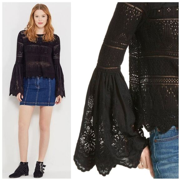 Free People|Once Upon-A-Time Black Bell Sleeve Lace Top, XS - Picture 2 of 10